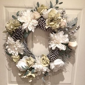 White + Green Flowered Wreath w/ Silver Pinecones 19”